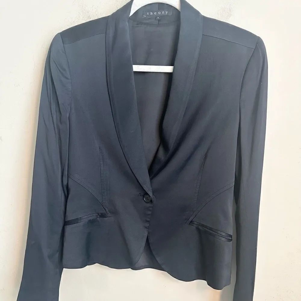 Theory Black Sateen Women’s Tuxedo Blazer 4